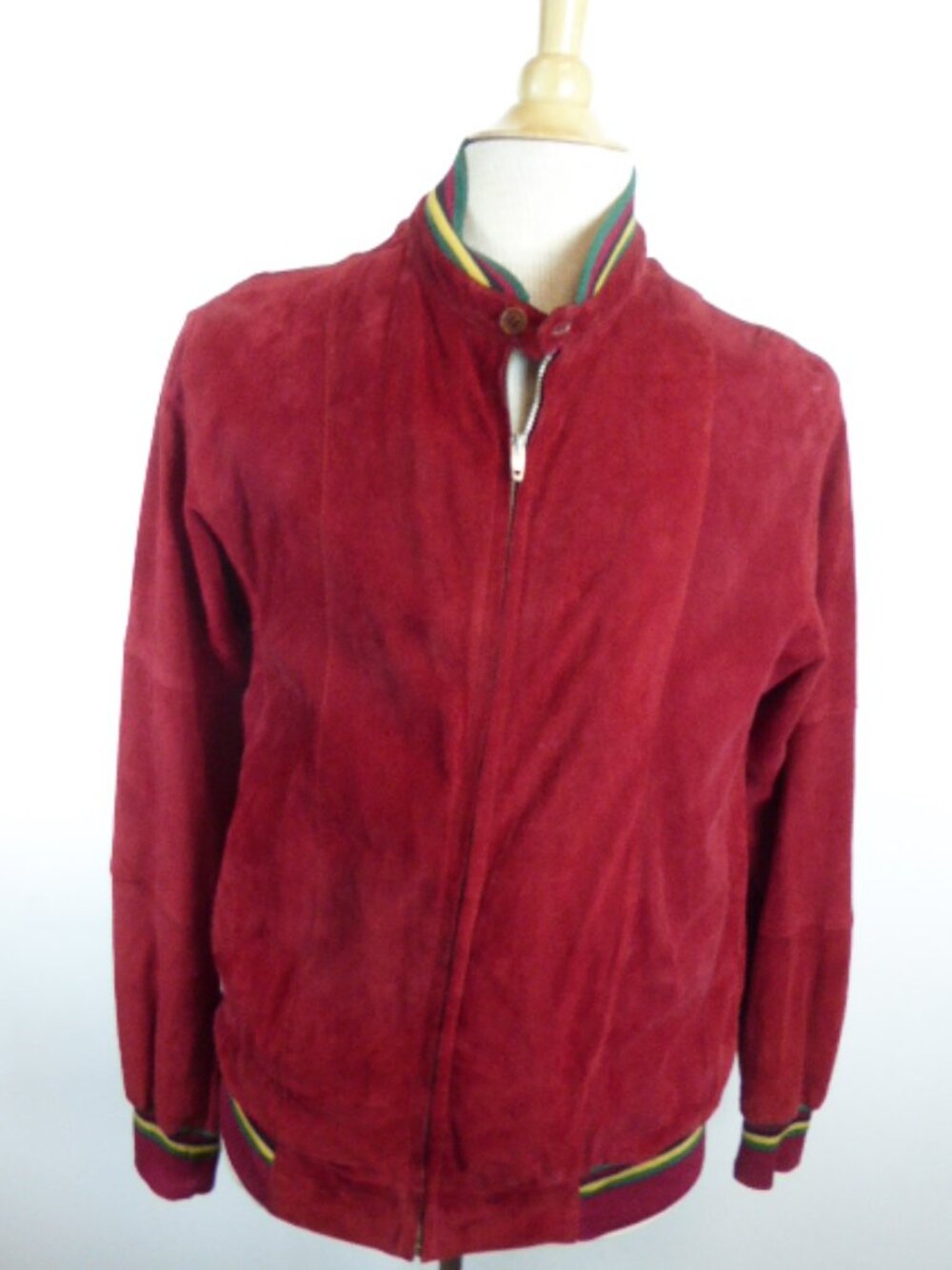 VINTAGE ITALY red green gold suede leather zip bomber jacket L